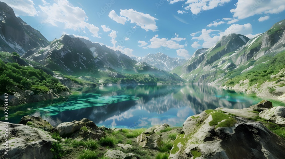 Obraz premium Landscape a wide crater surrounded by green hills