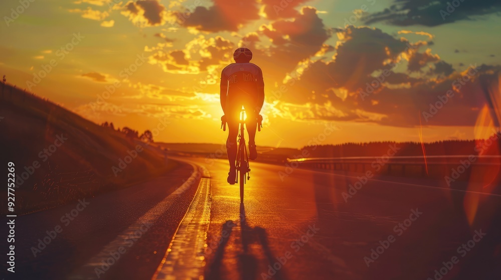 A man riding a bicycle on an asphalt road at dusk, showcasing a healthy male evening during summer outdoor sport activity. A man riding a bicycle on an asphalt road at dusk, showcasing a healthy male evening during summer outdoor sport activity.