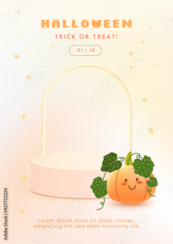 Halloween gradient background with podium and pumpkin cartoon