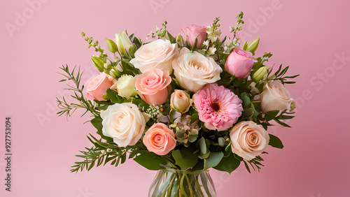 Flowers in a vase on a table with a pink backdrop.