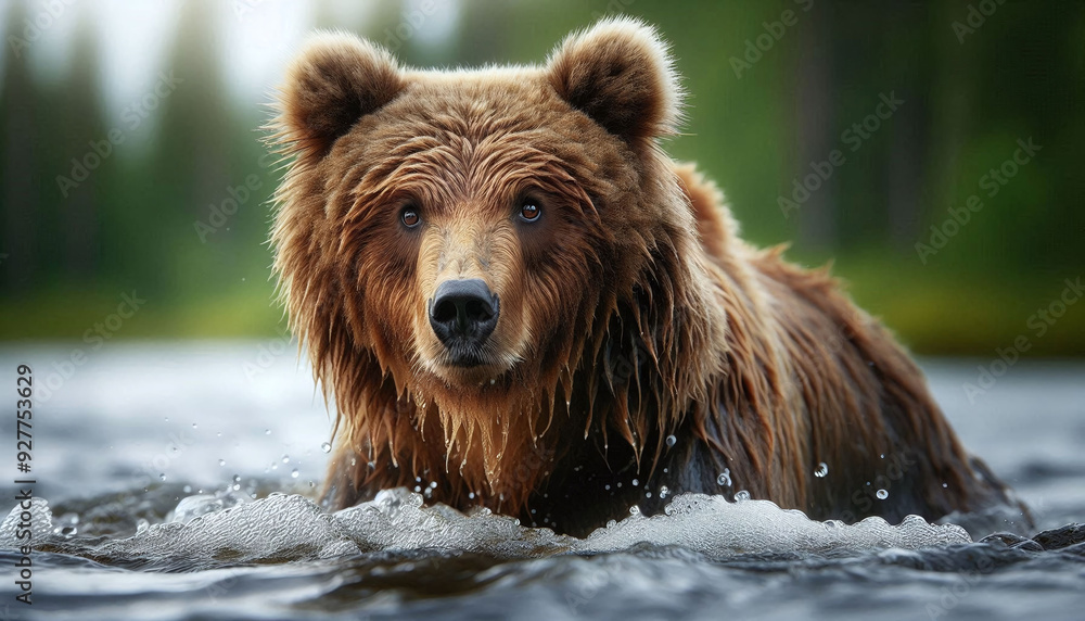 Majestic Brown Bear Emerging From the Water. Generative AI.