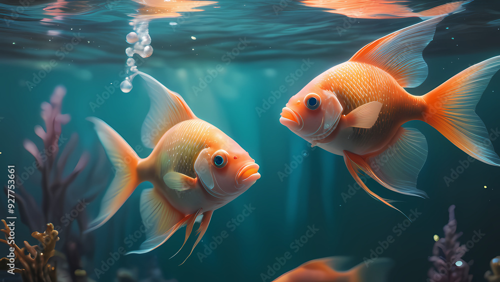 Two fish swim close to coral underwater. Two fish swim close to coral underwater.