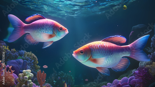 Two fish in a big aquarium with coral.