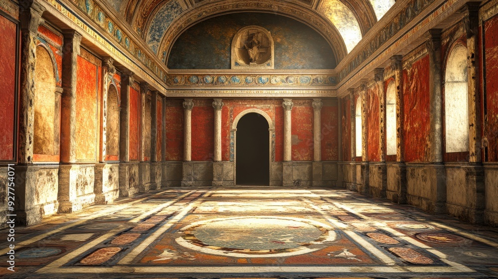 Obraz premium The sun filters through grand windows, illuminating the vibrant murals and intricately designed floor of the ancient room