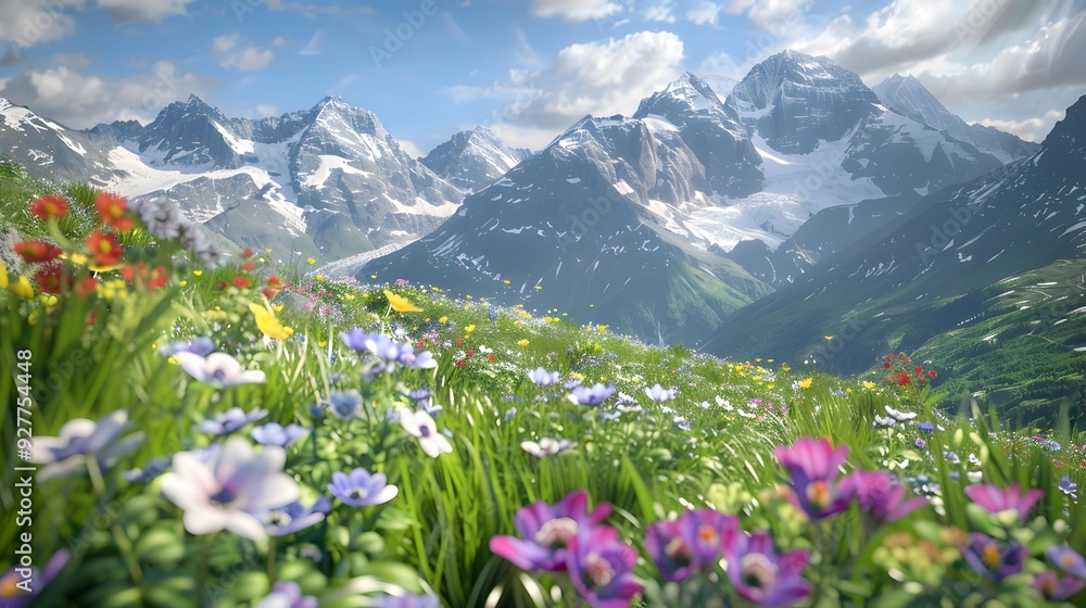 Fototapeta premium The alpine plateau is strewn with alpine flowers