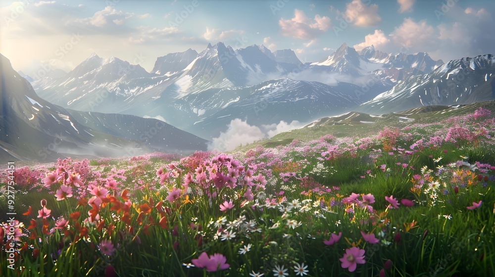 Obraz premium The alpine plateau is strewn with alpine flowers
