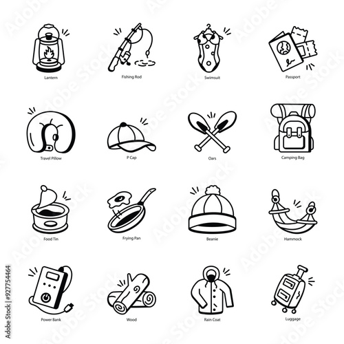 Modern Bundle of Camping and Holiday Doodle Icons 

