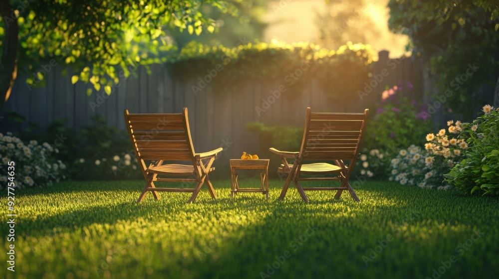 Two summer chairs on the lawn in the backyard of a country house, coziness and elegance in every element. Two summer chairs on the lawn in the backyard of a country house, coziness and elegance in every element.