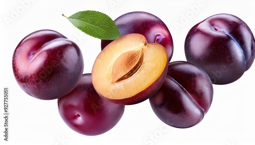 Plum floating in the air, isolated on white background