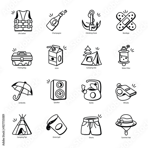 Handy 16 Camping Accessories Doodle Icons 

