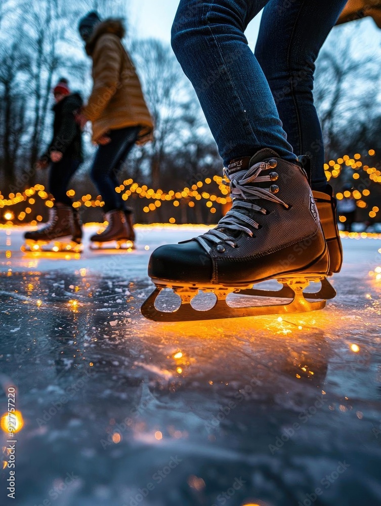 A close-up of ice skates gliding on a shimmering ice rink with festive lights illuminating the scene during winter fun. A close-up of ice skates gliding on a shimmering ice rink with festive lights illuminating the scene during winter fun.