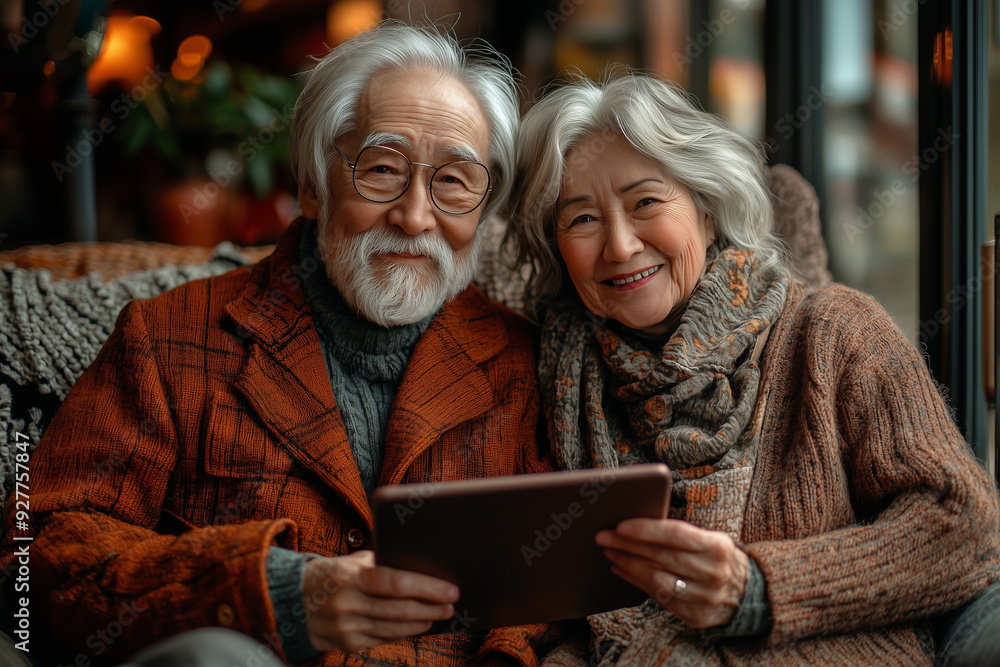 An elderly couple sitting together on a sofa, enjoying the use of a tablet, smiling and sharing joyful moments in a cozy living room. An elderly couple sitting together on a sofa, enjoying the use of a tablet, smiling and sharing joyful moments in a cozy living room.