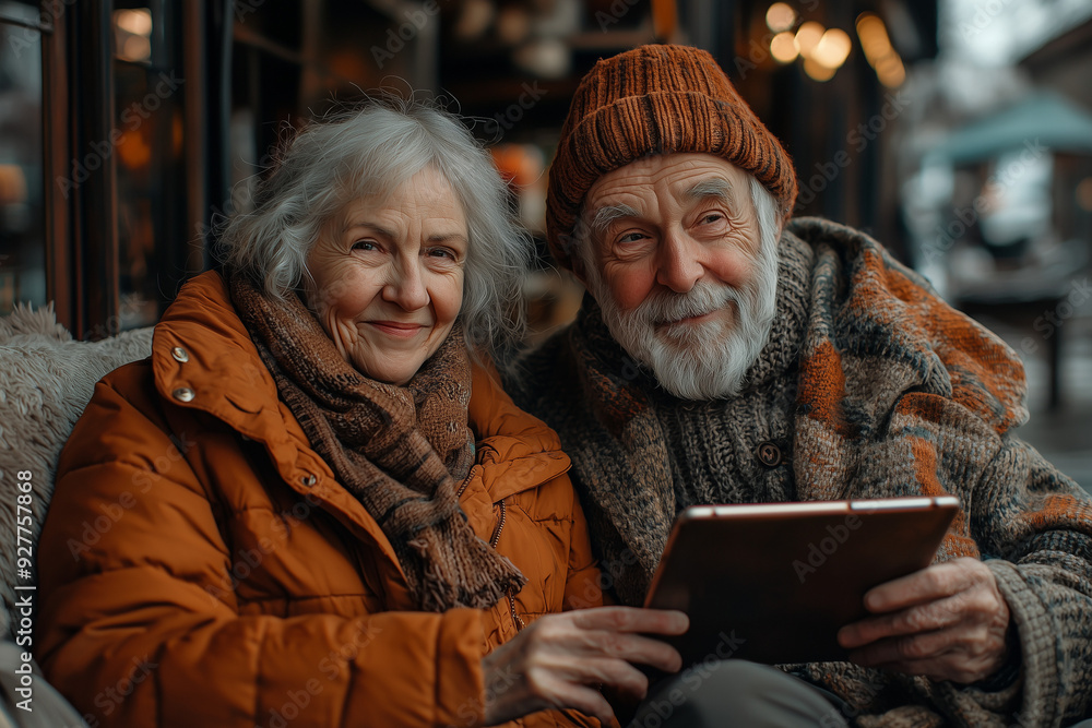 An elderly couple sitting together on a sofa, enjoying the use of a tablet, smiling and sharing joyful moments in a cozy living room. An elderly couple sitting together on a sofa, enjoying the use of a tablet, smiling and sharing joyful moments in a cozy living room.