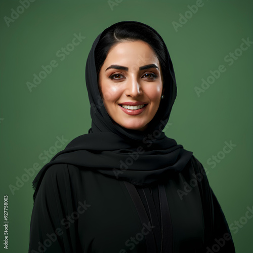 a Saudi woman wearing hijab and traditional clothes in front of green background