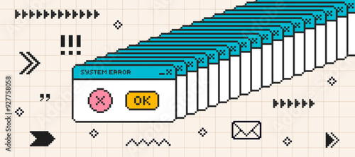 System message screen with arrows and borders in pixel art style. Virus popup. Vector Illustration.