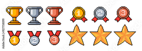 Set of medals, winner cups, badges and stars in pixel art style. Vector illustration.