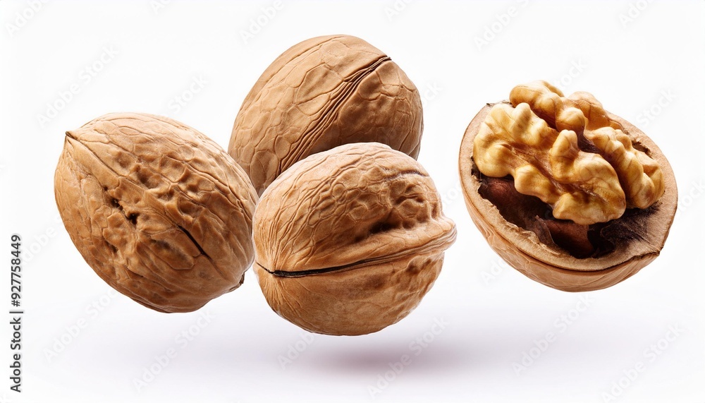 Walnut floating in the air, isolated on white background Walnut floating in the air, isolated on white background