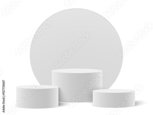 Empty white circle podium, pedestal and platform, stand stage, column platform pillar, round empty stages and podium stairs 3d template for product presentation