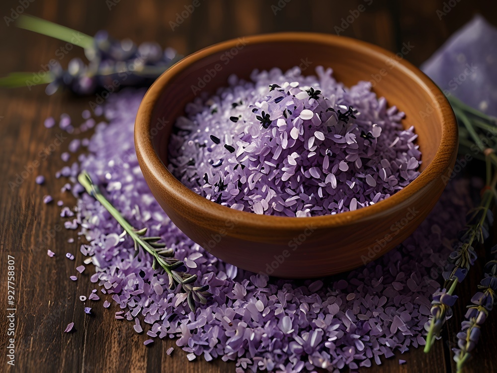 Lavender Bath Salts in Wooden Bowl. Lavender Bath Salts in Wooden Bowl.