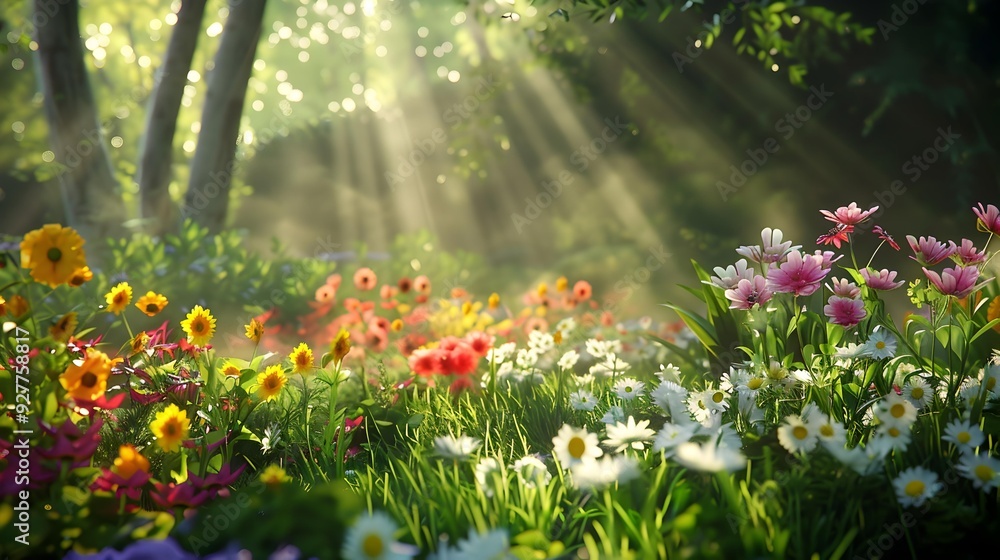 Obraz premium A clearing surrounded by flowers where multi-colored anemones picture