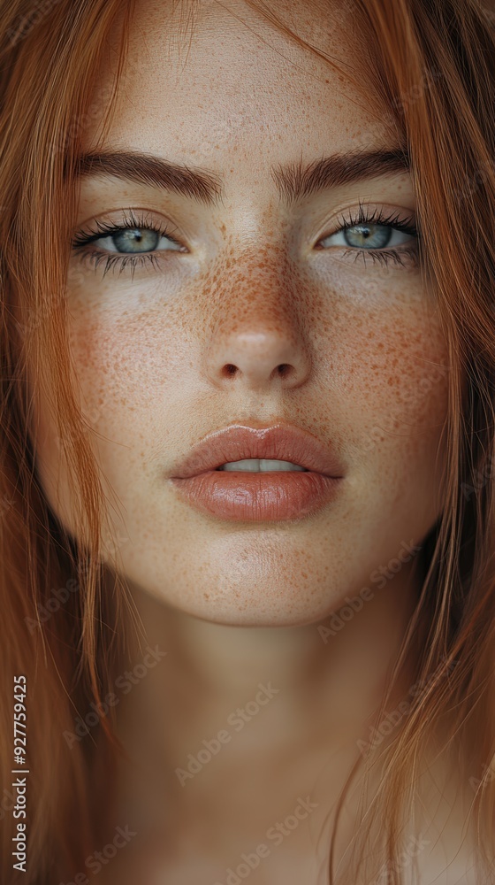 Young woman with freckles and blue eyes poses for a close-up portrait in soft light Young woman with freckles and blue eyes poses for a close-up portrait in soft light