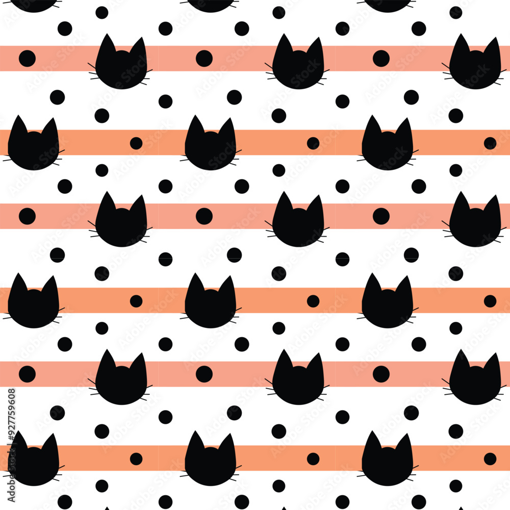 Seamless Pattern of Black Heads of Cats on Pink and white Background. Animal silhouette. Wallpaper and fabric design and decor. Seamless Pattern of Black Heads of Cats on Pink and white Background. Animal silhouette. Wallpaper and fabric design and decor.