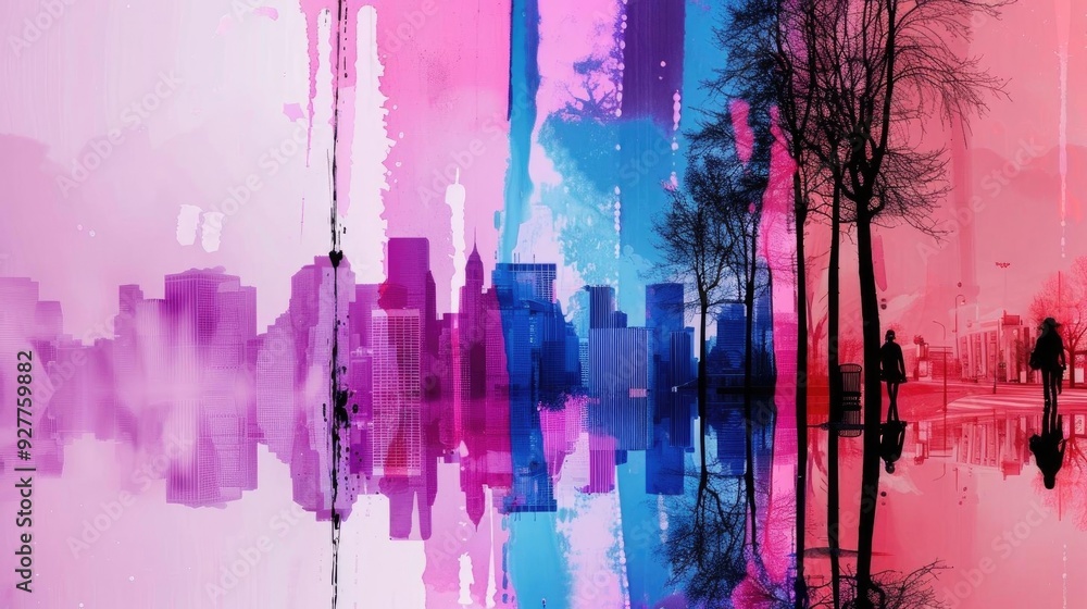 A vibrant cityscape with abstract colors and reflections, showcasing modern architecture and tranquil nature elements. A vibrant cityscape with abstract colors and reflections, showcasing modern architecture and tranquil nature elements.