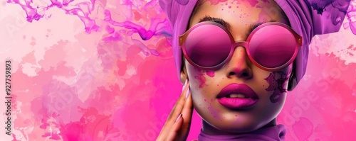 A stylish woman with a headscarf and oversized sunglasses, framed by vibrant pink hues, showcasing modern fashion and beauty.