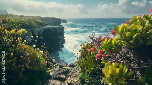 The cliffy promenade is surrounded by green bushes photo