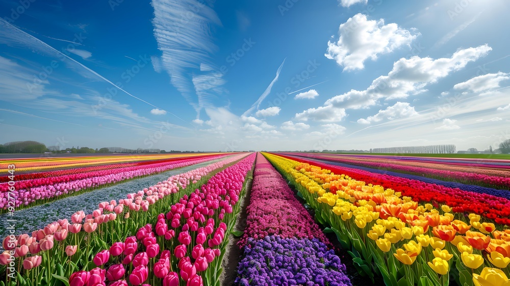 Expanses of magnificent spring flowers stretch Expanses of magnificent spring flowers stretch