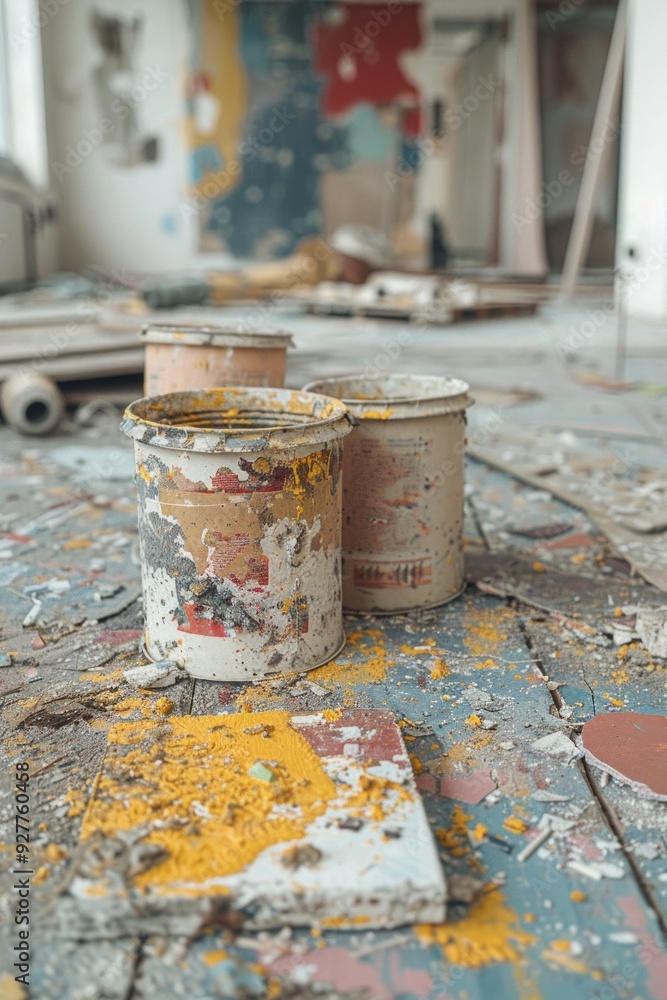 A close-up of three paint cans on a messy renovation site floor A close-up of three paint cans on a messy renovation site floor