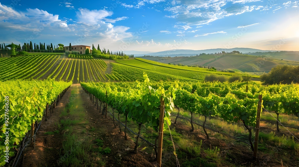 Fototapeta premium The expanses of green tuscan vineyards illuminated