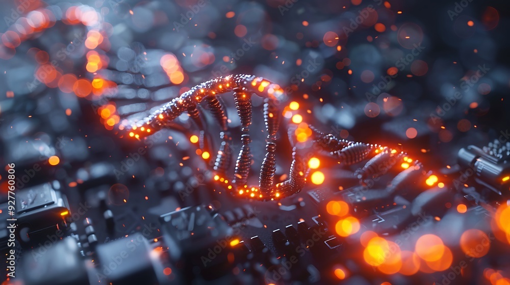 Abstract CPU core with binary DNA strands spiraling around, representing the fusion of life and technology, double exposure, white background, glowing digital DNA, intricate and detailed, hd quality. Abstract CPU core with binary DNA strands spiraling around, representing the fusion of life and technology, double exposure, white background, glowing digital DNA, intricate and detailed, hd quality.