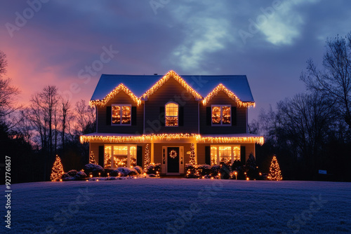 Beautiful suburban home decorated for the holiday season with christmas lights illuminated at sunset
