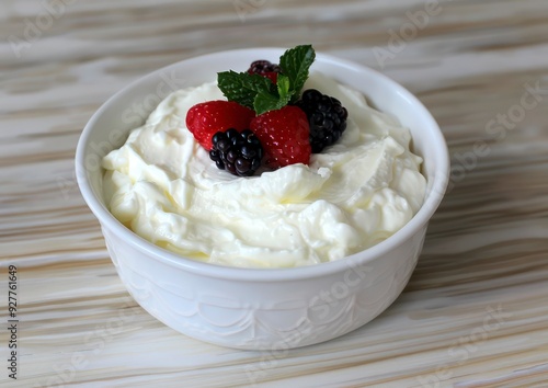 A creamy bowl of smooth yogurt topped with fresh, vibrant berries, offering a delightful contrast of textures and flavors in every spoonful.