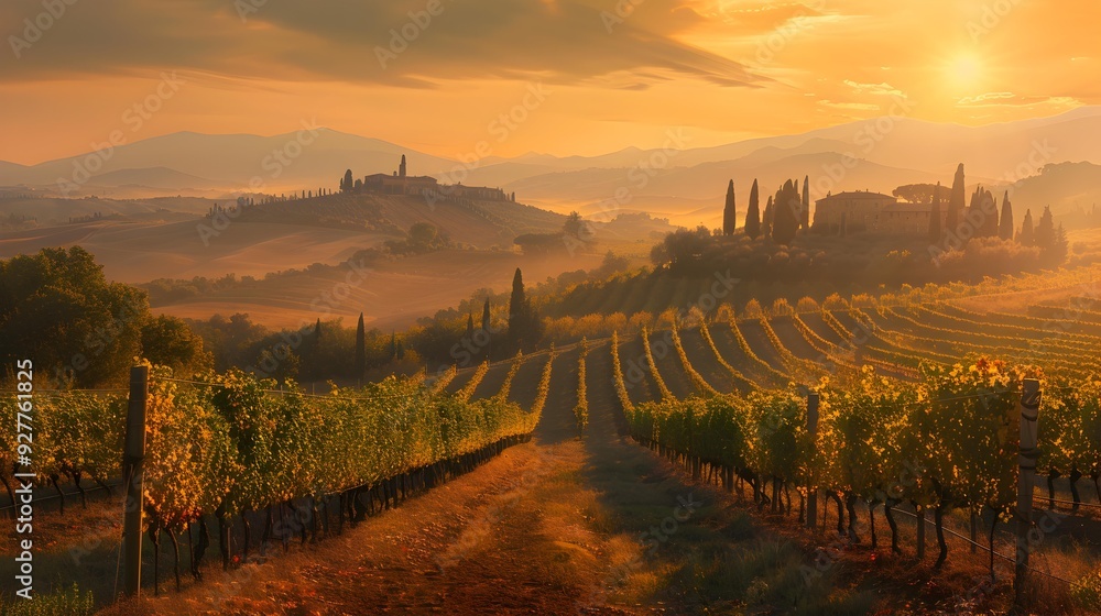 Naklejka premium A magical dawn over the vineyards of tuscany img