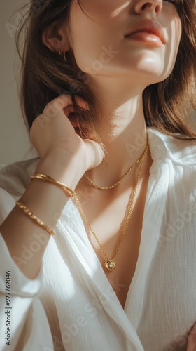 Close-up of a woman wearing layered gold jewelry in soft natural light at home