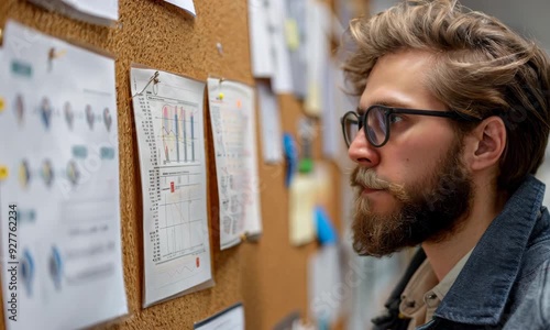 Team member analyzing project details on a bulletin board in a creative workspace