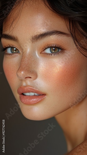 Young woman with radiant skin and natural makeup posing against a dark background