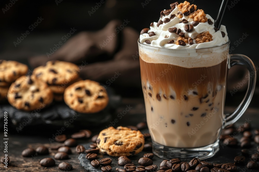 Delicious iced coffee dressed with whipped cream, biscotti, and roasted coffee beans, offering a revitalizing and indulgent treat for aficionados of coffee Delicious iced coffee dressed with whipped cream, biscotti, and roasted coffee beans, offering a revitalizing and indulgent treat for aficionados of coffee