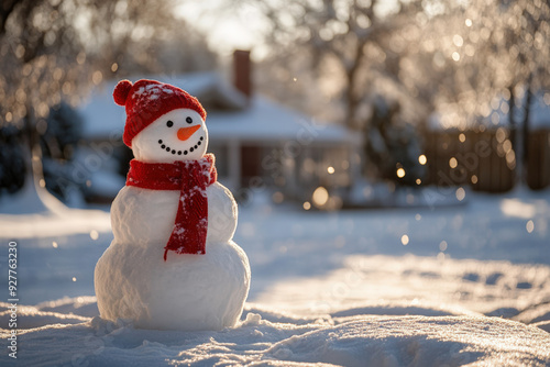 Classic snowman with red scarf and hat standing in snowy yard during golden hour photo