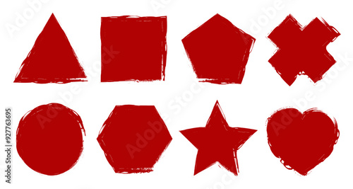 Paint brush strokes with geometric shapes. Brush stroke big set red frame, grunge frame border, freehand drawings, ink splatters, bold curved lines and squiggles marker stripe, grunge crayon stamp