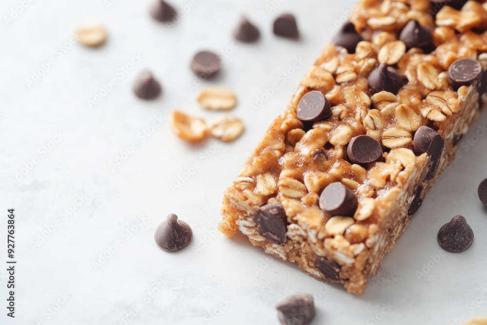 Tasty granola bar with peanut butter and chocolate chips on a bright surface Tasty granola bar with peanut butter and chocolate chips on a bright surface