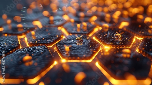 CPU resembling a beehive with data bees swarming, double exposure on white background, hexagonal cells softly illuminated, digital motion effect, minimalistic composition, hd quality. --ar 16:9 --v 6.