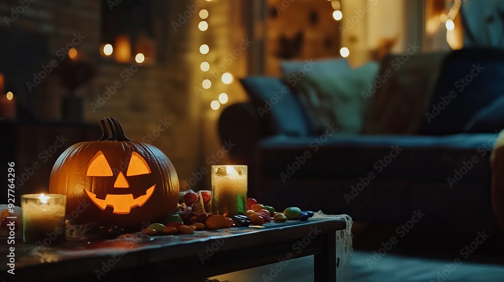 Halloween pumpkins with candies and burning candles on a table in a dark living room Halloween pumpkins with candies and burning candles on a table in a dark living room