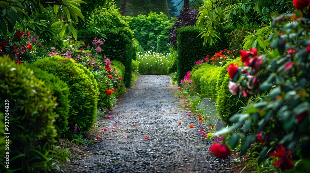 Naklejka premium Gardens cozy spaces surrounded by flowering bushes