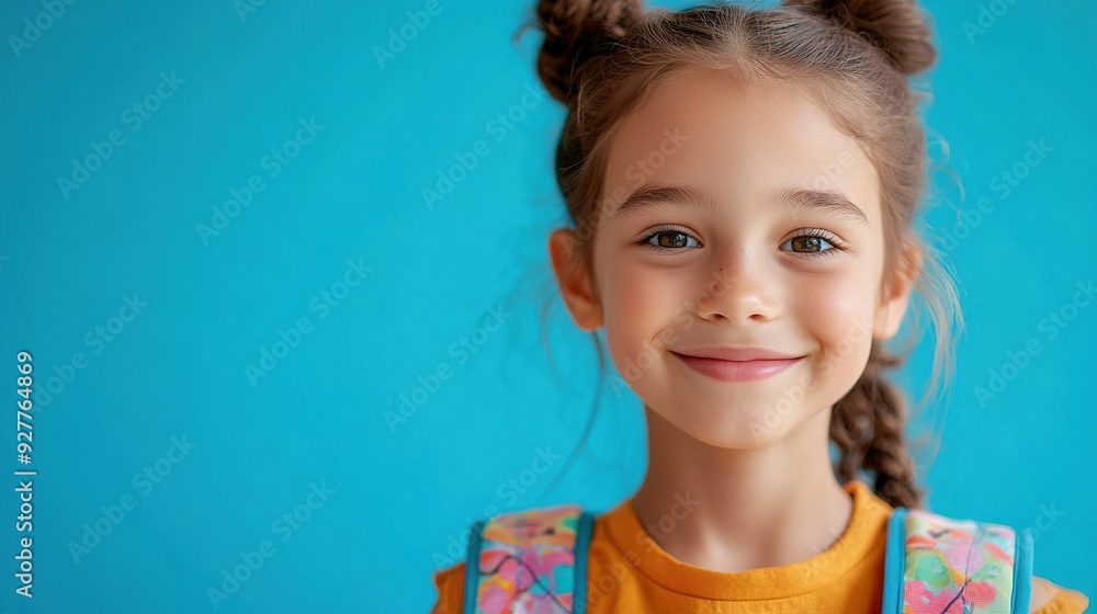 Close-up of a cheerful young girl smiling at the camera. She has a backpack on and is wearing colorful, school-appropriate clothing. Solid blue background. Close-up of a cheerful young girl smiling at the camera. She has a backpack on and is wearing colorful, school-appropriate clothing. Solid blue background.