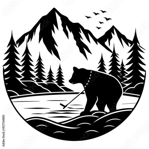 A lone bear fishing in a river silhouette vector illustration on white background