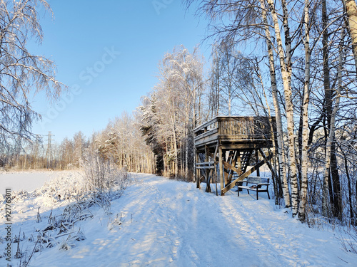 Wooden birdwatching tower against the backdrop of snowy trees and the lake in winter, hobby in Finland, Suomenoja photo