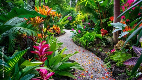 Exotic gardens with many rare and unusual flowering photo